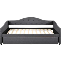 Lit 90x200 cm avec lit gigogne en lin et structure MDF, style minimaliste gris convertible en banquette><noscript><img width=