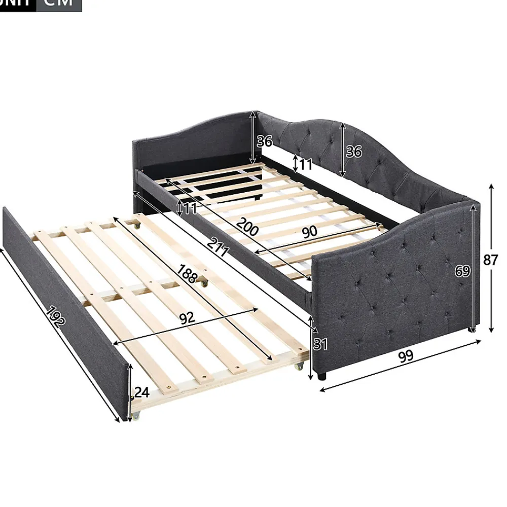 Lit 90x200 cm avec lit gigogne en lin et structure MDF, style minimaliste gris convertible en banquette>Redom Discount