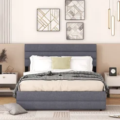 Lit 140x200 cm avec lit gigogne et 2 tiroirs, tapissé lin gris, tête réglable, style moderne et gain de place>Redom Hot