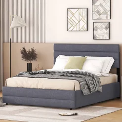 Lit 140x200 cm avec lit gigogne et 2 tiroirs, tapissé lin gris, tête réglable, style moderne et gain de place>Redom Hot