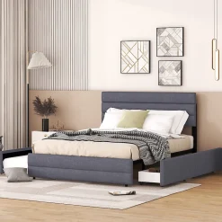 Lit 140x200 cm avec lit gigogne et 2 tiroirs, tapissé lin gris, tête réglable, style moderne et gain de place><noscript><img width=