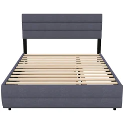 Lit 140x200 cm avec lit gigogne et 2 tiroirs, tapissé lin gris, tête réglable, style moderne et gain de place><noscript><img width=