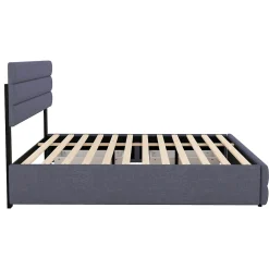 Lit 140x200 cm avec lit gigogne et 2 tiroirs, tapissé lin gris, tête réglable, style moderne et gain de place><noscript><img width=
