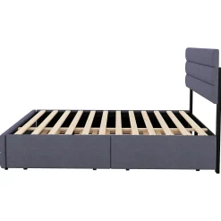 Lit 140x200 cm avec lit gigogne et 2 tiroirs, tapissé lin gris, tête réglable, style moderne et gain de place><noscript><img width=