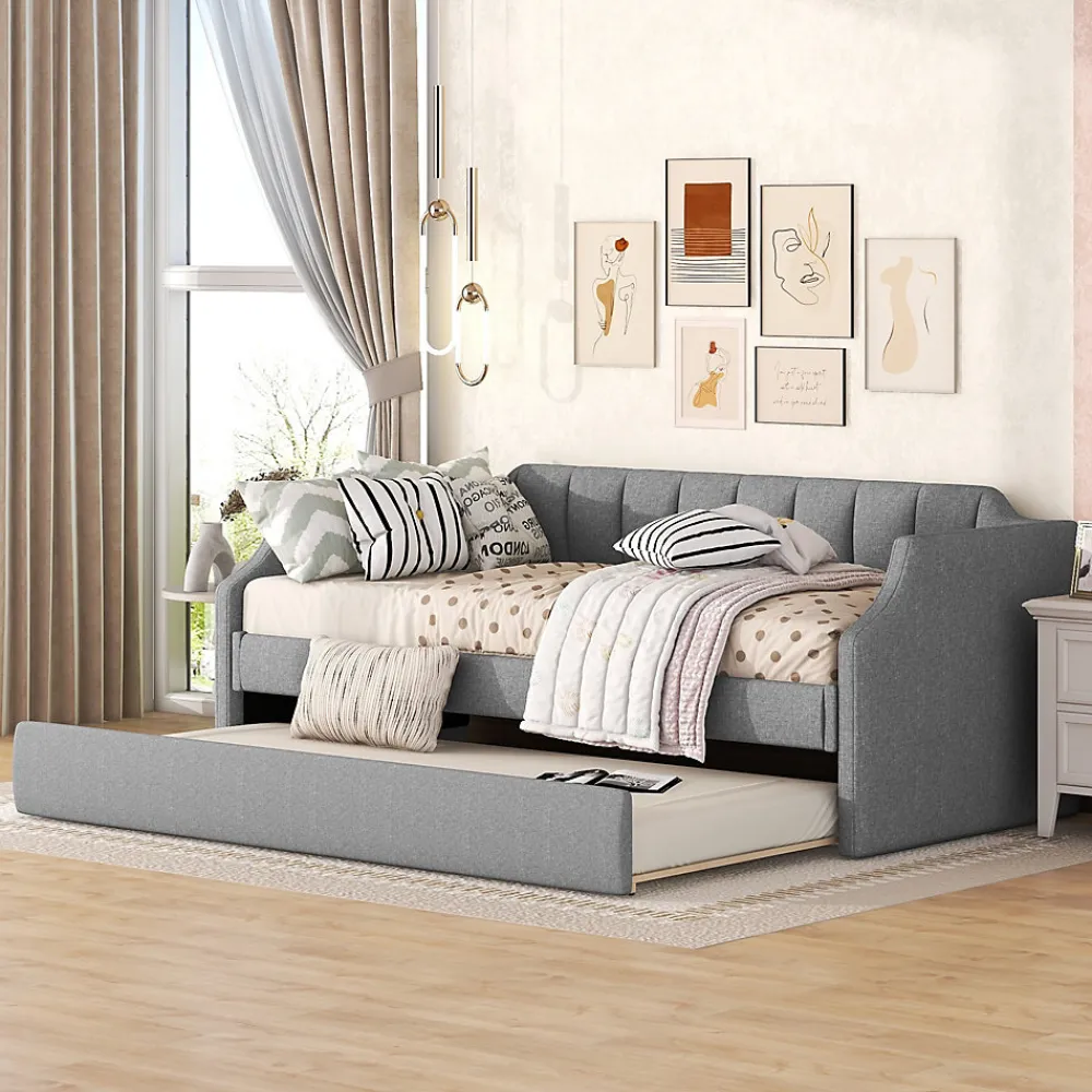 Lit 90x200 cm avec lit gigogne roulant, tapissé lin gris, dossier et accoudoirs arrondis design contemporain>Redom Discount