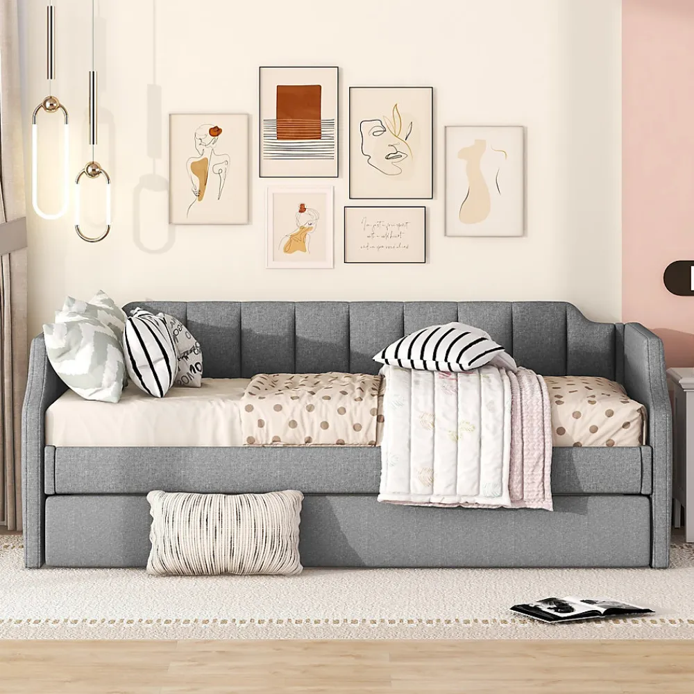Lit 90x200 cm avec lit gigogne roulant, tapissé lin gris, dossier et accoudoirs arrondis design contemporain>Redom Discount