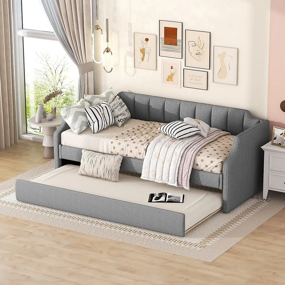 Lit 90x200 cm avec lit gigogne roulant, tapissé lin gris, dossier et accoudoirs arrondis design contemporain>Redom Discount