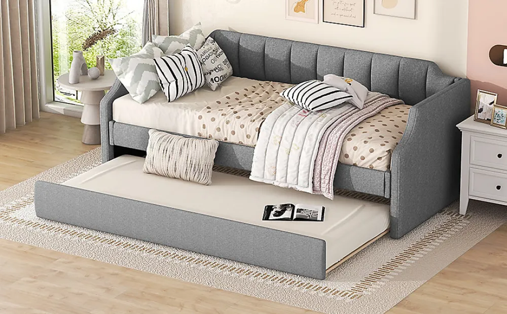 Lit 90x200 cm avec lit gigogne roulant, tapissé lin gris, dossier et accoudoirs arrondis design contemporain>Redom Discount