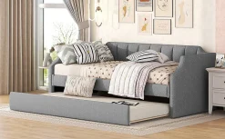Lit 90x200 cm avec lit gigogne roulant, tapissé lin gris, dossier et accoudoirs arrondis design contemporain><noscript><img width=