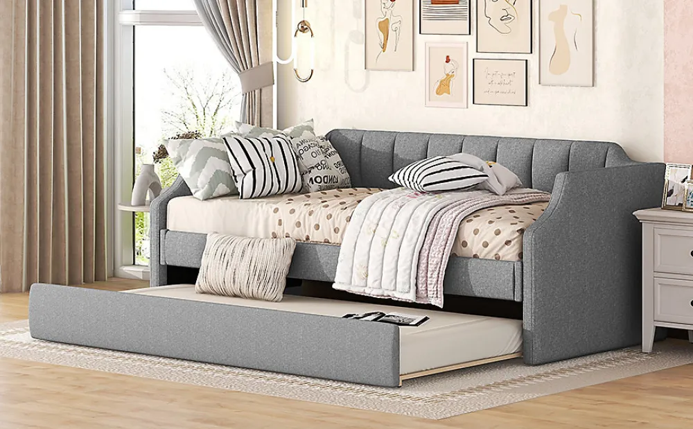 Lit 90x200 cm avec lit gigogne roulant, tapissé lin gris, dossier et accoudoirs arrondis design contemporain>Redom Discount