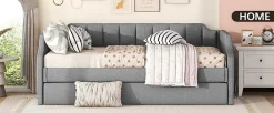Lit 90x200 cm avec lit gigogne roulant, tapissé lin gris, dossier et accoudoirs arrondis design contemporain><noscript><img width=