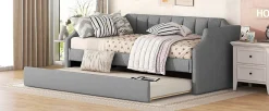 Lit 90x200 cm avec lit gigogne roulant, tapissé lin gris, dossier et accoudoirs arrondis design contemporain><noscript><img width=