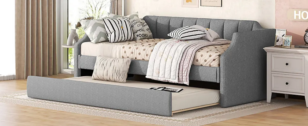 Lit 90x200 cm avec lit gigogne roulant, tapissé lin gris, dossier et accoudoirs arrondis design contemporain>Redom Discount
