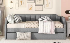 Lit 90x200 cm avec lit gigogne roulant, tapissé lin gris, dossier et accoudoirs arrondis design contemporain><noscript><img width=