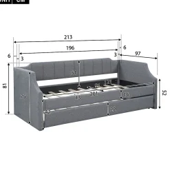 Lit 90x200 cm avec lit gigogne roulant, tapissé lin gris, dossier et accoudoirs arrondis design contemporain><noscript><img width=