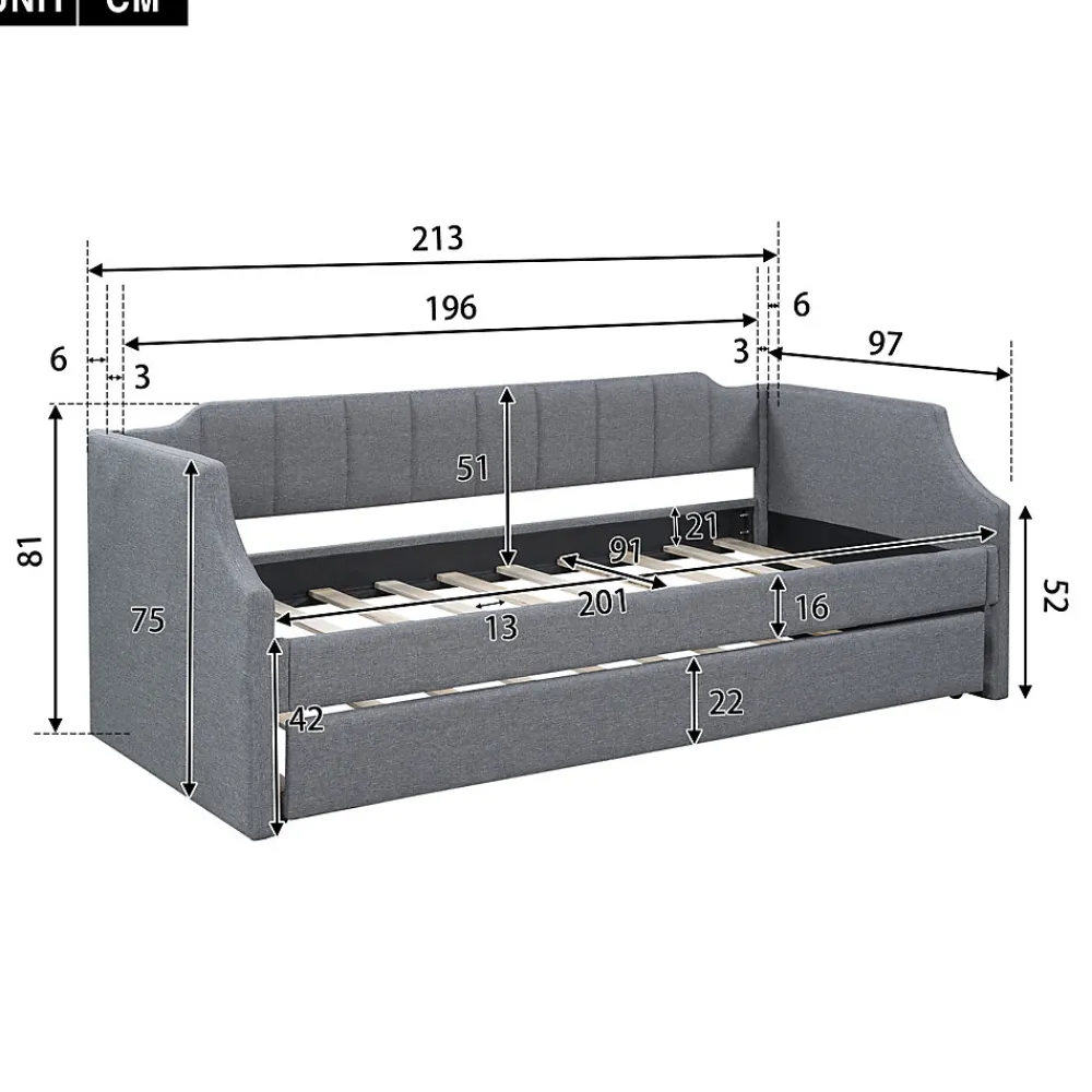 Lit 90x200 cm avec lit gigogne roulant, tapissé lin gris, dossier et accoudoirs arrondis design contemporain>Redom Discount