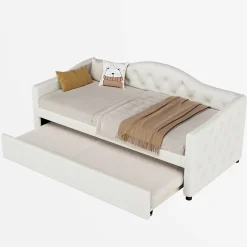 Redom Lit 90x200 cm avec lit gigogne, revêtement lin beige, structure MDF, design minimaliste, idéal petits espaces* Lit Gigogne