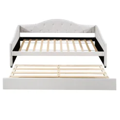 Redom Lit 90x200 cm avec lit gigogne, revêtement lin beige, structure MDF, design minimaliste, idéal petits espaces* Lit Gigogne