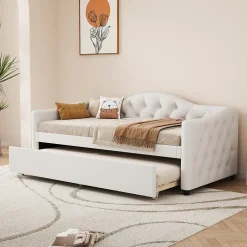Redom Lit 90x200 cm avec lit gigogne, revêtement lin beige, structure MDF, design minimaliste, idéal petits espaces* Lit Gigogne