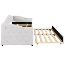 Redom Lit 90x200 cm avec lit gigogne, revêtement lin beige, structure MDF, design minimaliste, idéal petits espaces* Lit Gigogne