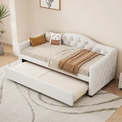 Redom Lit 90x200 cm avec lit gigogne, revêtement lin beige, structure MDF, design minimaliste, idéal petits espaces* Lit Gigogne