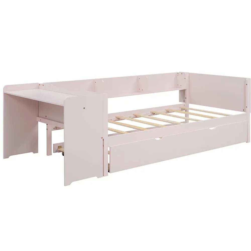 Redom Lit 90x200 cm avec lit gigogne et bureau intégré, 3 étagères latérales, pin massif et MDF, design moderne rose* Lit Gigogne