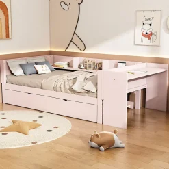 Redom Lit 90x200 cm avec lit gigogne et bureau intégré, 3 étagères latérales, pin massif et MDF, design moderne rose* Lit Gigogne