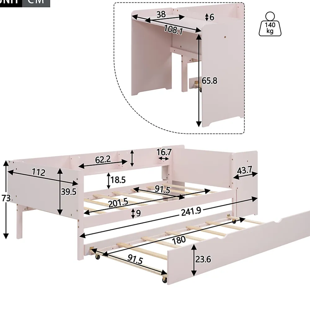 Redom Lit 90x200 cm avec lit gigogne et bureau intégré, 3 étagères latérales, pin massif et MDF, design moderne rose* Lit Gigogne