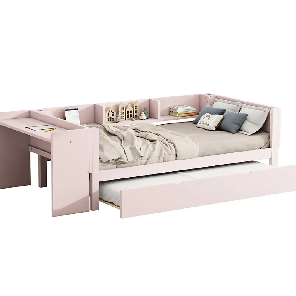 Redom Lit 90x200 cm avec lit gigogne et bureau intégré, 3 étagères latérales, pin massif et MDF, design moderne rose* Lit Gigogne