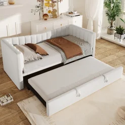 Lit 90x200 cm avec lit gigogne réglable, revêtement velours blanc, style minimaliste et structure MDF>Redom Discount