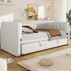 Lit 90x200 cm avec lit gigogne réglable, revêtement velours blanc, style minimaliste et structure MDF>Redom Discount
