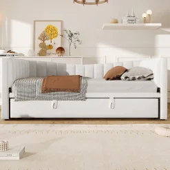 Lit 90x200 cm avec lit gigogne réglable, revêtement velours blanc, style minimaliste et structure MDF><noscript><img width=