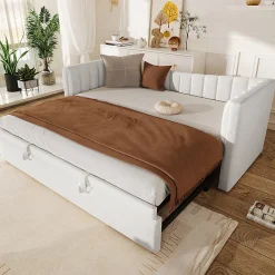 Lit 90x200 cm avec lit gigogne réglable, revêtement velours blanc, style minimaliste et structure MDF><noscript><img width=