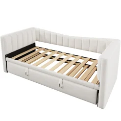 Lit 90x200 cm avec lit gigogne réglable, revêtement velours blanc, style minimaliste et structure MDF><noscript><img width=