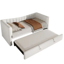 Lit 90x200 cm avec lit gigogne réglable, revêtement velours blanc, style minimaliste et structure MDF><noscript><img width=