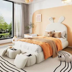 Redom Lit 90x200 cm avec oreilles de lapin et éclairage Led réglable, revêtement velours beige, 2 poufs de rangement* Lit Simple