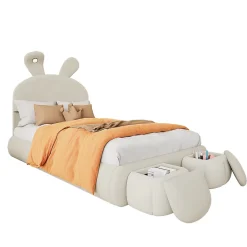 Redom Lit 90x200 cm avec oreilles de lapin et éclairage Led réglable, revêtement velours beige, 2 poufs de rangement* Lit Simple