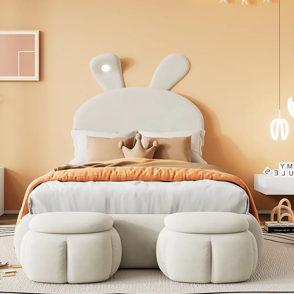 Redom Lit 90x200 cm avec oreilles de lapin et éclairage Led réglable, revêtement velours beige, 2 poufs de rangement* Lit Simple