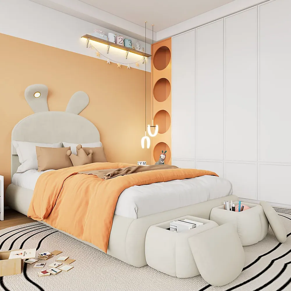 Redom Lit 90x200 cm avec oreilles de lapin et éclairage Led réglable, revêtement velours beige, 2 poufs de rangement* Lit Simple