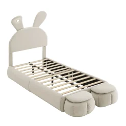 Redom Lit 90x200 cm avec oreilles de lapin et éclairage Led réglable, revêtement velours beige, 2 poufs de rangement* Lit Simple