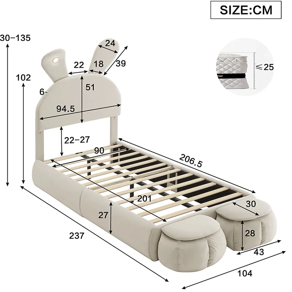Redom Lit 90x200 cm avec oreilles de lapin et éclairage Led réglable, revêtement velours beige, 2 poufs de rangement* Lit Simple