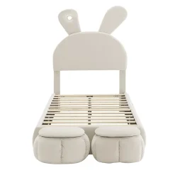 Redom Lit 90x200 cm avec oreilles de lapin et éclairage Led réglable, revêtement velours beige, 2 poufs de rangement* Lit Simple