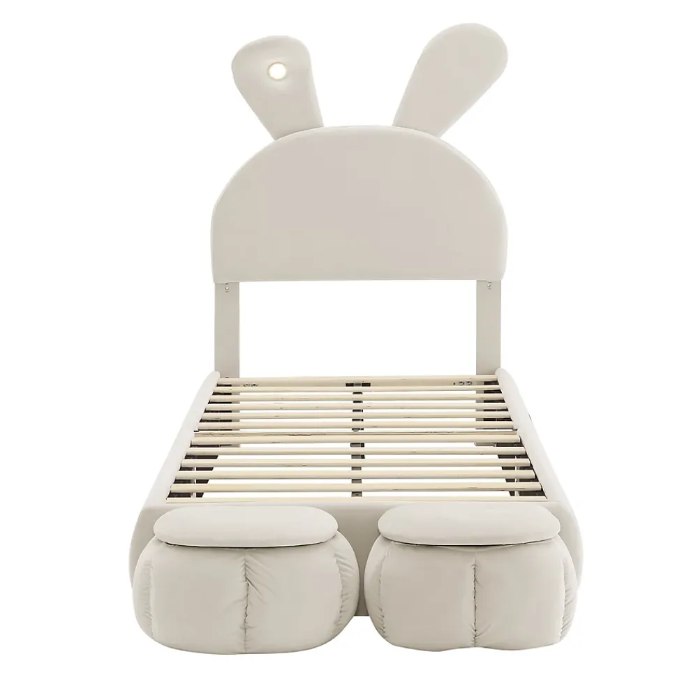Redom Lit 90x200 cm avec oreilles de lapin et éclairage Led réglable, revêtement velours beige, 2 poufs de rangement* Lit Simple