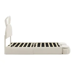 Redom Lit 90x200 cm avec oreilles de lapin et éclairage Led réglable, revêtement velours beige, 2 poufs de rangement* Lit Simple