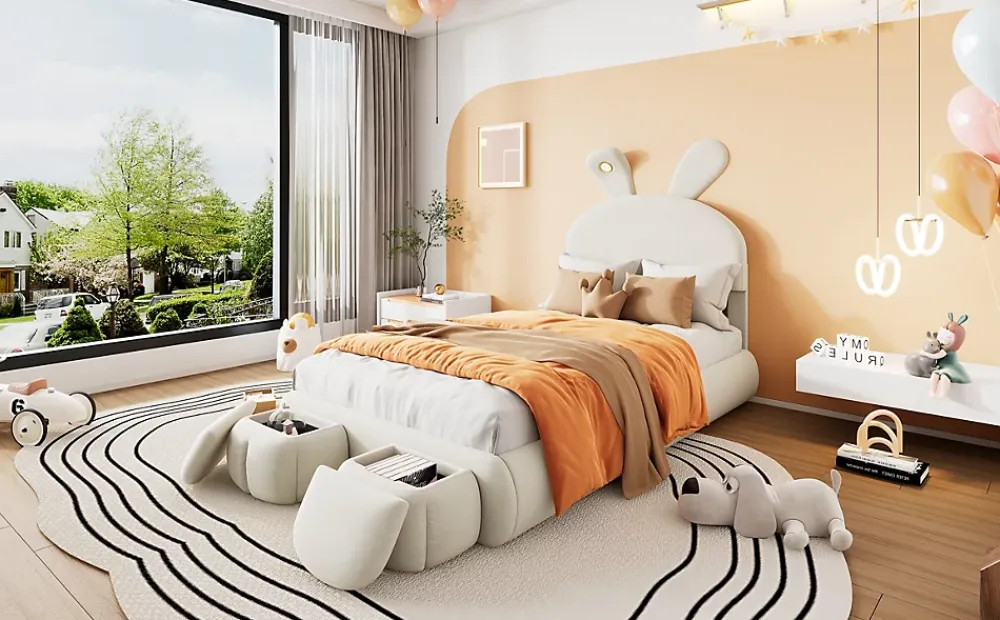 Redom Lit 90x200 cm avec oreilles de lapin et éclairage Led réglable, revêtement velours beige, 2 poufs de rangement* Lit Simple