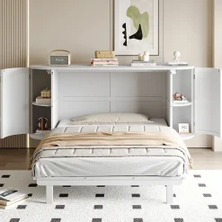 Lit 140x200 cm avec portes en rotin, design gain de place, rangements latéraux intégrés, finition blanche>Redom New