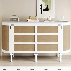 Lit 140x200 cm avec portes en rotin, design gain de place, rangements latéraux intégrés, finition blanche>Redom New