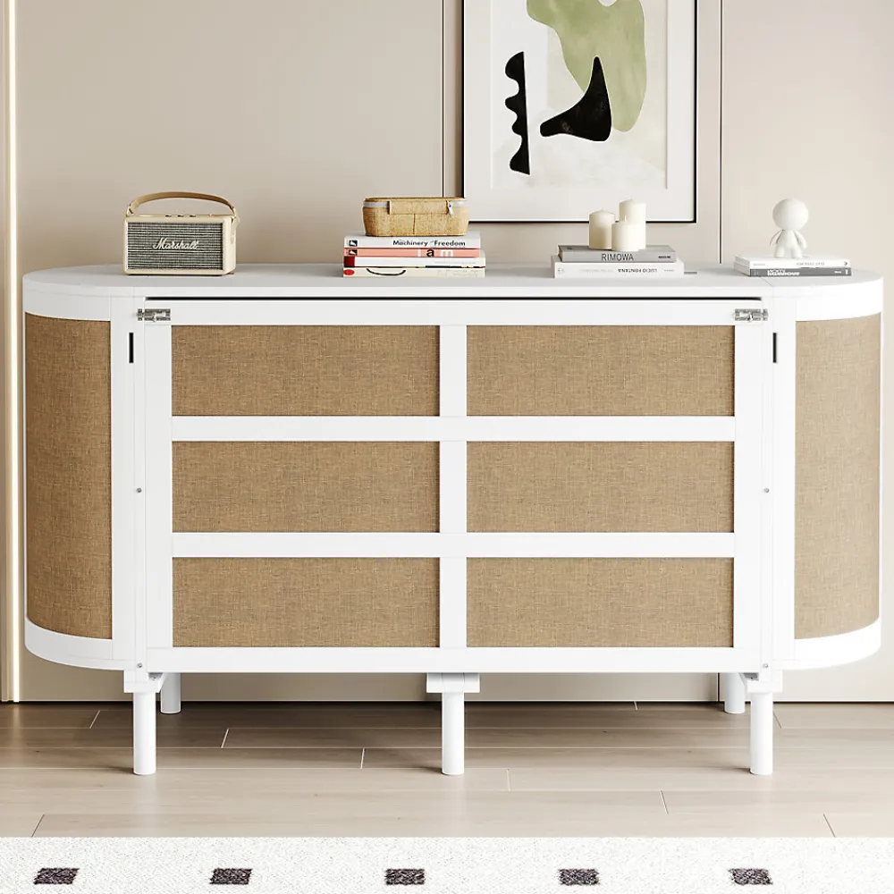 Lit 140x200 cm avec portes en rotin, design gain de place, rangements latéraux intégrés, finition blanche>Redom New