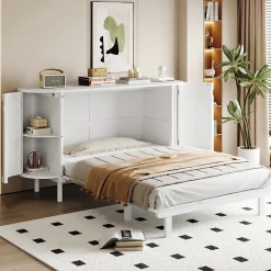 Lit 140x200 cm avec portes en rotin, design gain de place, rangements latéraux intégrés, finition blanche><noscript><img width=