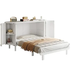 Lit 140x200 cm avec portes en rotin, design gain de place, rangements latéraux intégrés, finition blanche><noscript><img width=